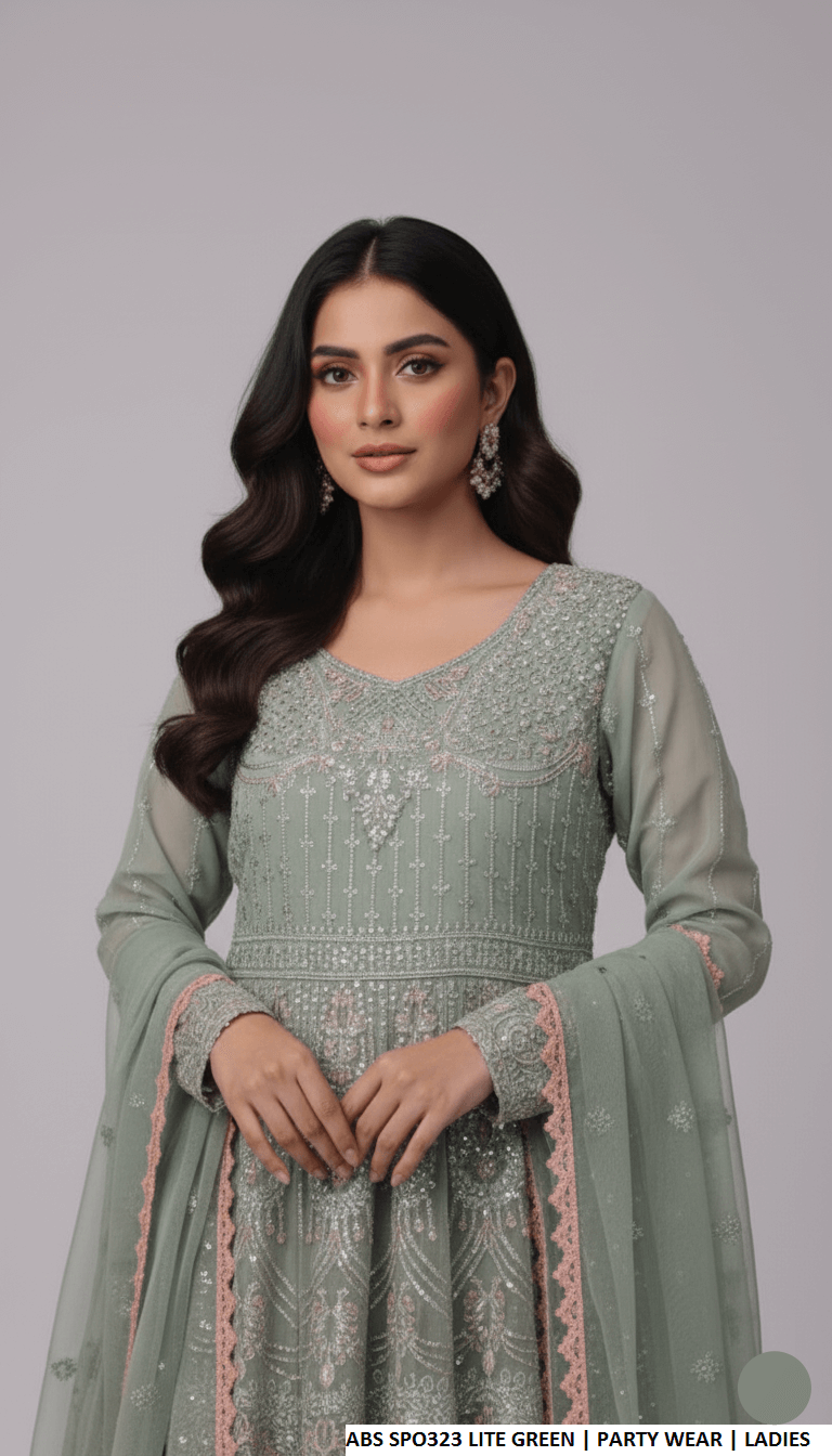 Pakistani women's light green chiffon straight shirt plazo detail view