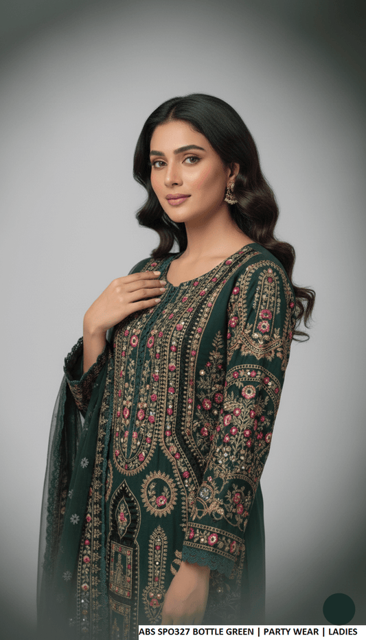 Bottle green chiffon Pakistani women's straight shirt with plazo side view