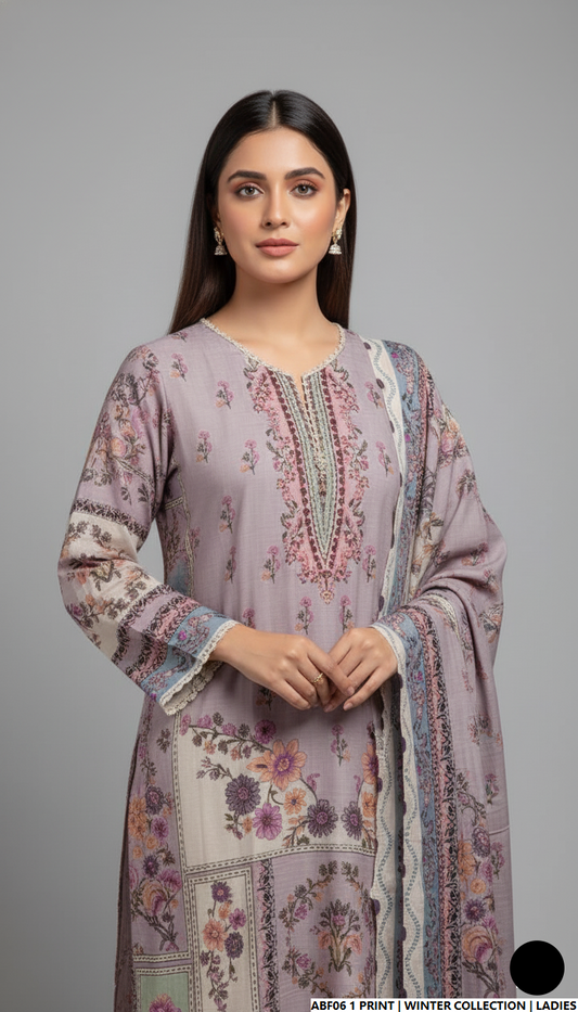 Pakistani women's khaddar printed 2-piece casual winter suit back view