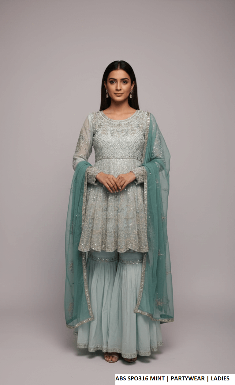 Pakistani women's mint chiffon straight shirt plazo detail view