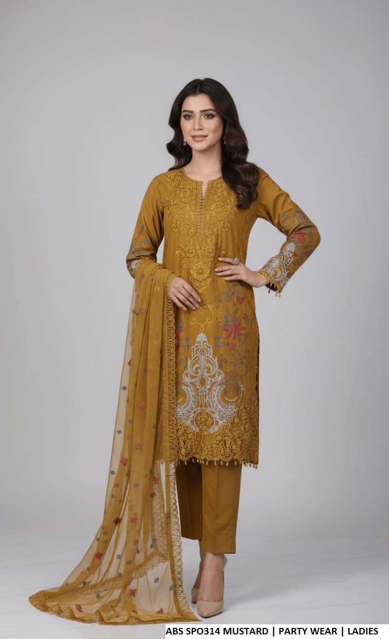 Chiffon straight shirt plazo mustard yellow - Pakistani women's party wear with grip plazo and organza dupatta front view