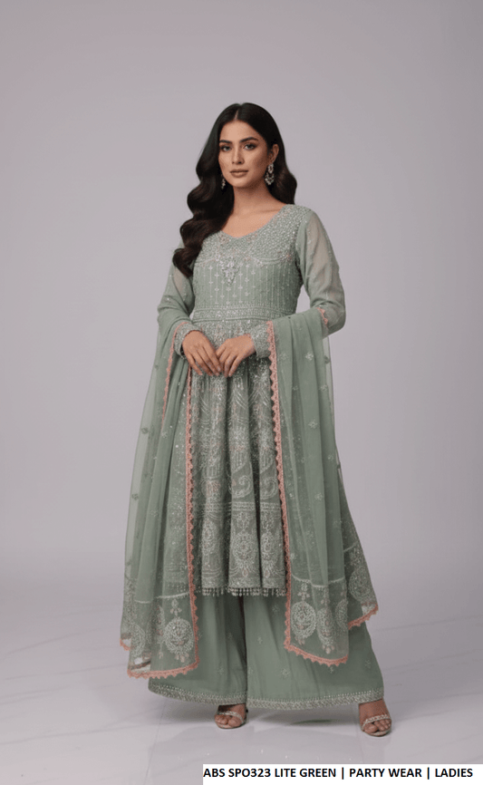 Light green chiffon Pakistani women's straight shirt with plazo side view