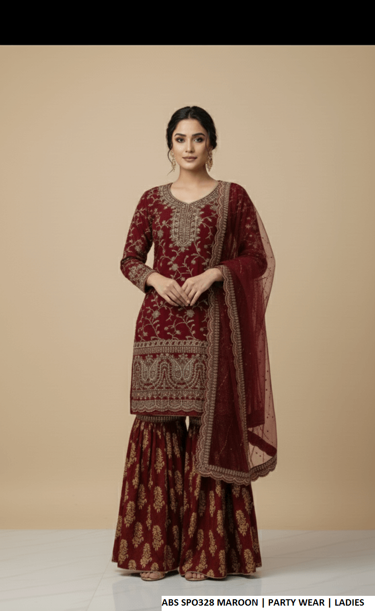 Pakistani women's maroon chiffon straight shirt plazo detail view