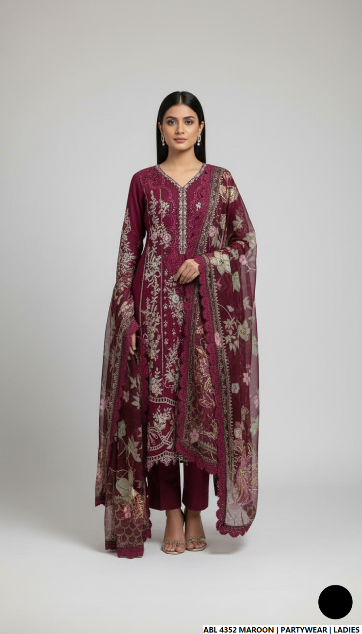 Chiffon straight shirt maroon - Pakistani women's elegant formal wear with viscose trouser and chiffon dupatta front view