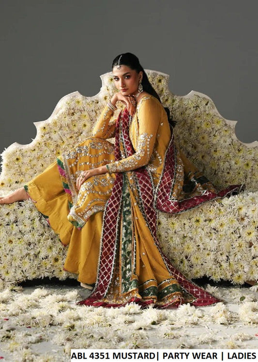 Mustard chiffon Pakistani women's straight shirt with plazo side view