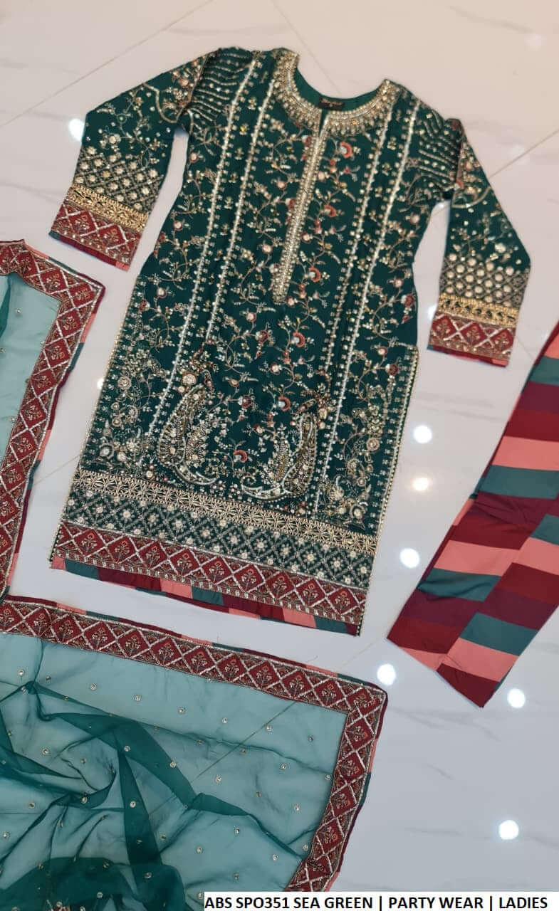 Pakistani women's sea green chiffon straight shirt back view
