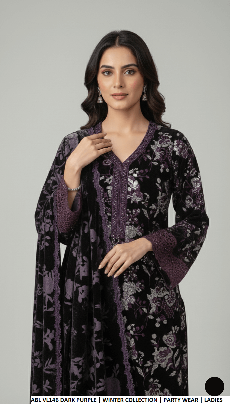 Pakistani women's dark purple velvet A-Line shirt detail view
