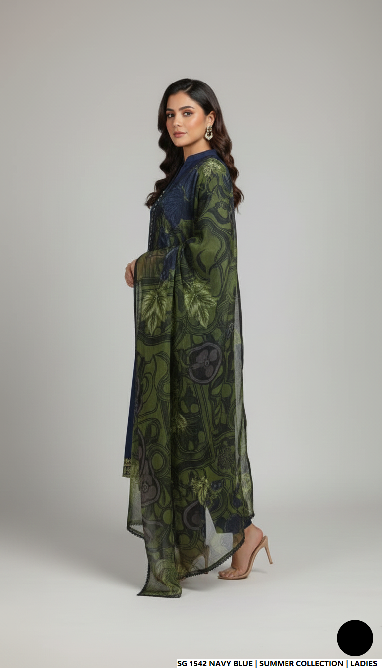 Pakistani women's navy blue lawn A-Line casual outfit back view