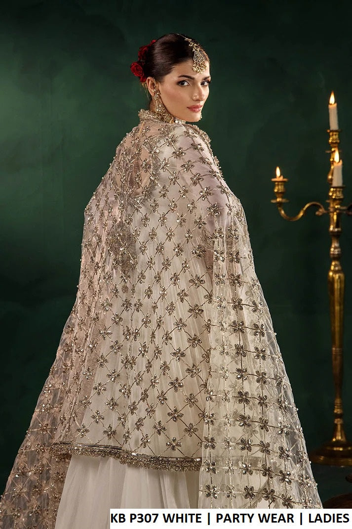 White crinkle chiffon Pakistani women's long frock with silk trouser side view