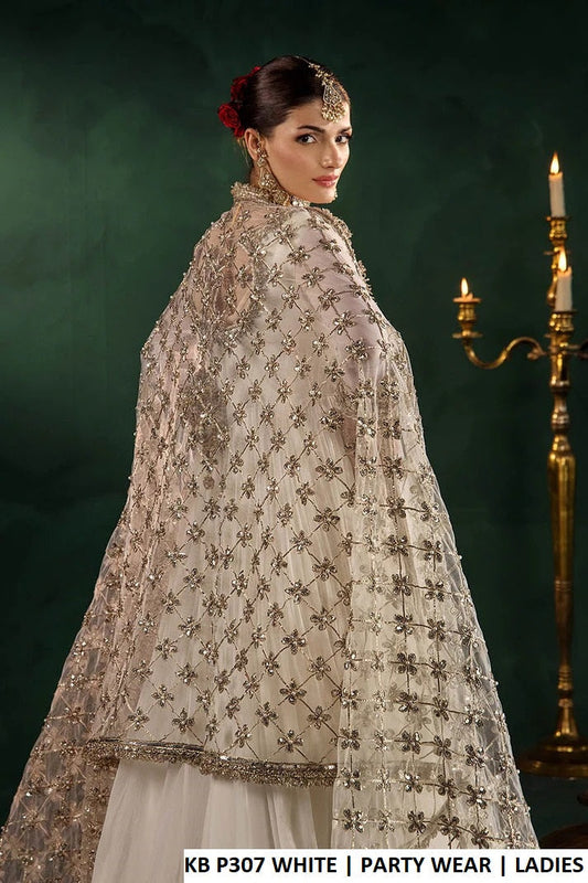 White crinkle chiffon Pakistani women's long frock with silk trouser side view