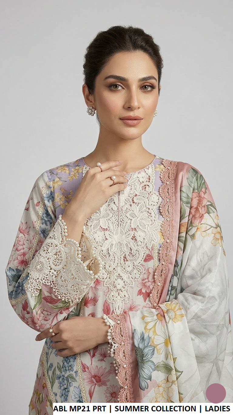 Pakistani women's poly lawn short printed shirt detail view