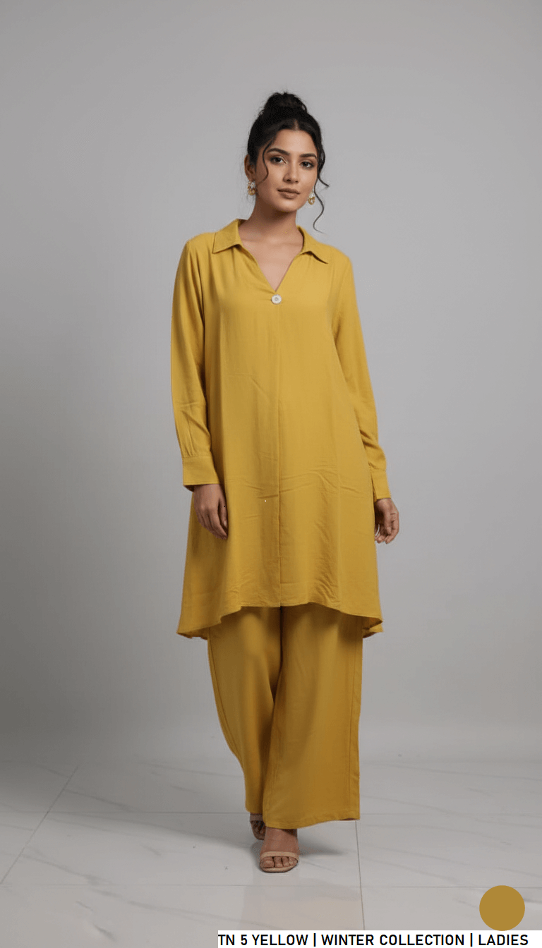 Jacquard short shirt plazo yellow - Pakistani women's elegant casual outfit front view