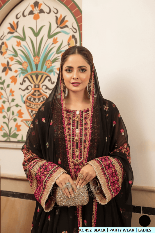 Black silk Pakistani women's long A-Line shirt with plazo side view