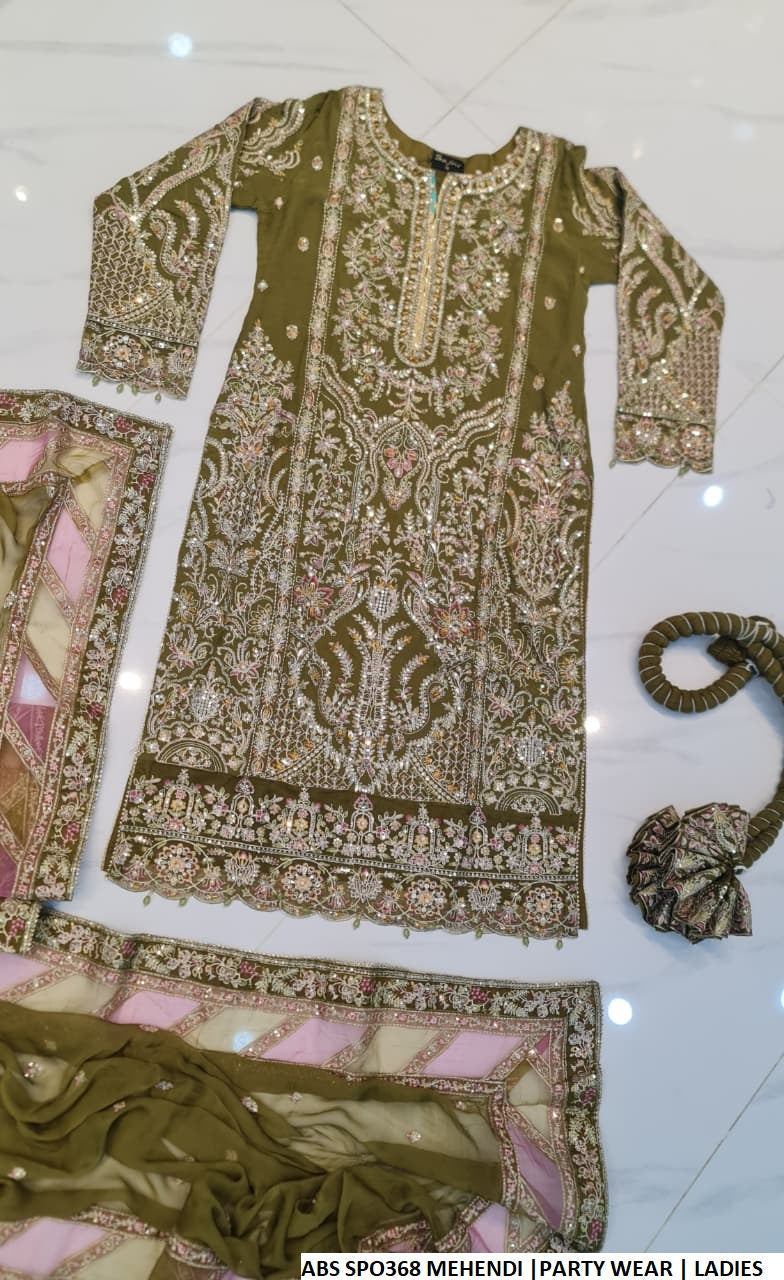 Chiffon straight shirt crush plazo mehndi green - Pakistani women's party wear with viscose crush plazo and chiffon dupatta front view