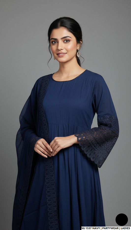 Navy blue lawn Pakistani women's A-Line casual shirt side view