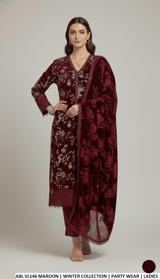 Maroon velvet Pakistani women's A-Line shirt side view