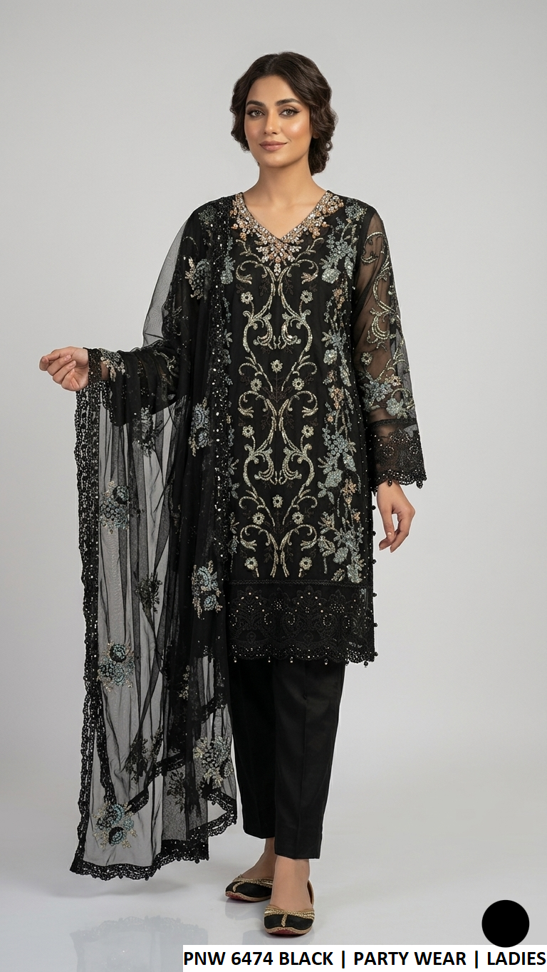 Chiffon straight shirt plazo black - Pakistani women's elegant party wear with viscose trouser and chiffon dupatta front view