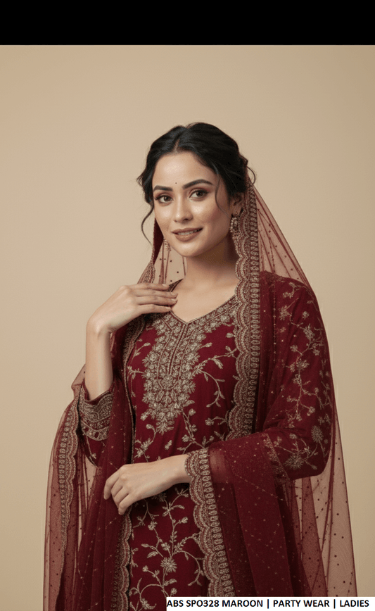 Maroon chiffon Pakistani women's straight shirt with plazo side view