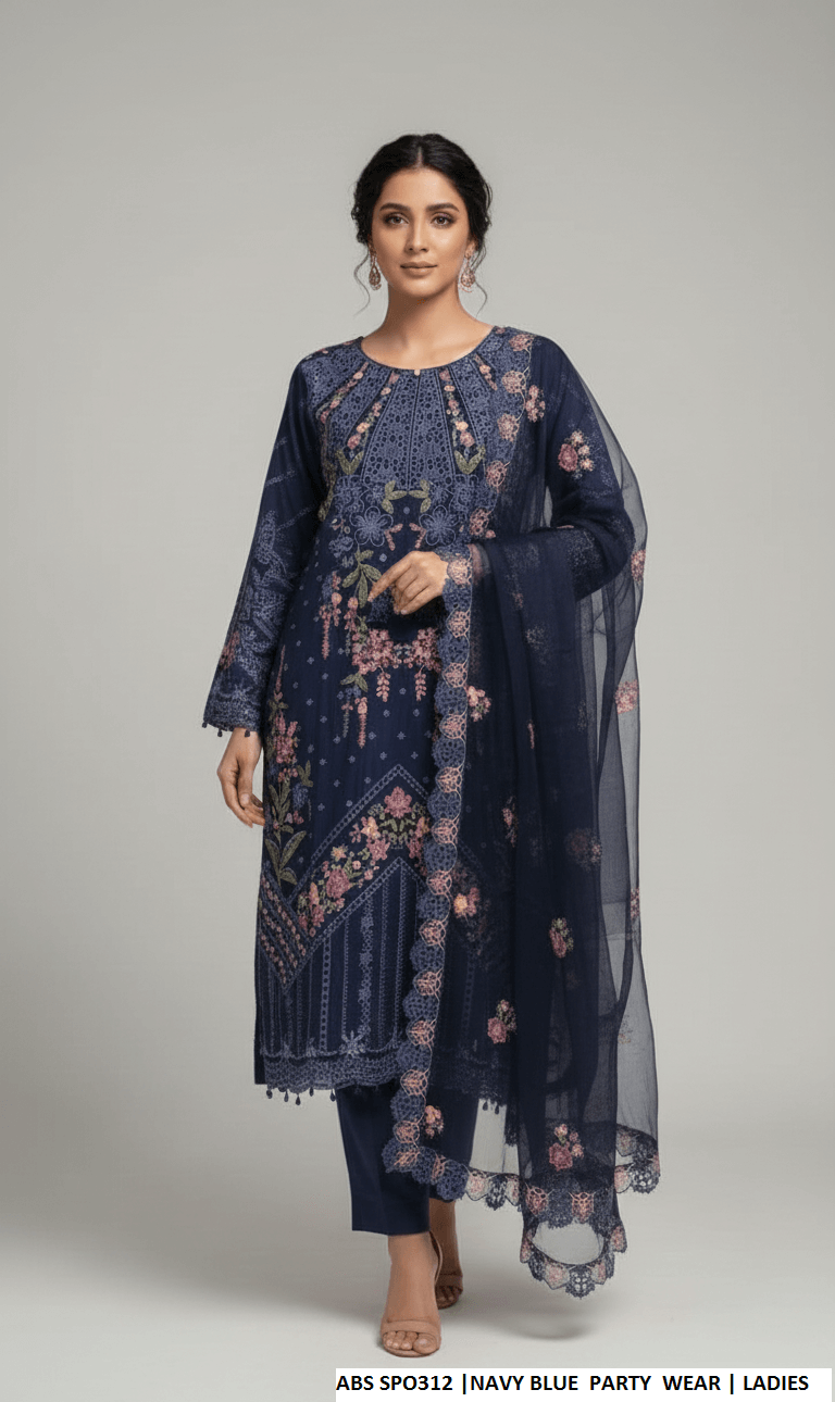 Chiffon straight shirt plazo navy blue - Pakistani women's party wear with viscose plazo and chiffon dupatta front view