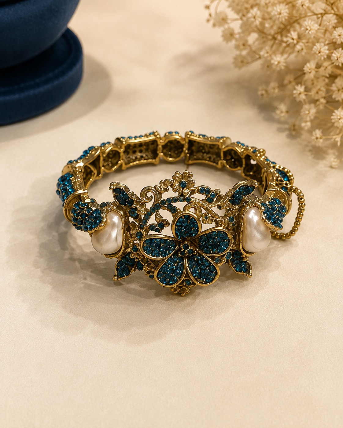 JW165 – Blue Floral Pearl Statement Bracelet
