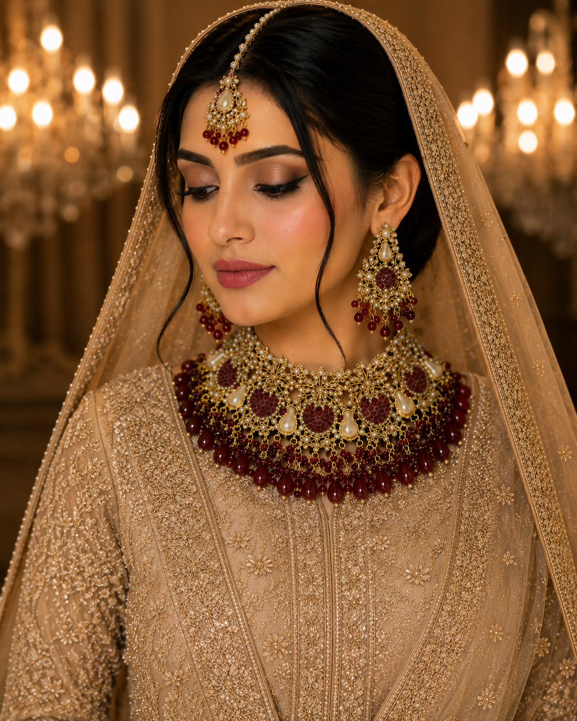 JW750 – Ruby Crystal & Pearl Luxury Bridal Set