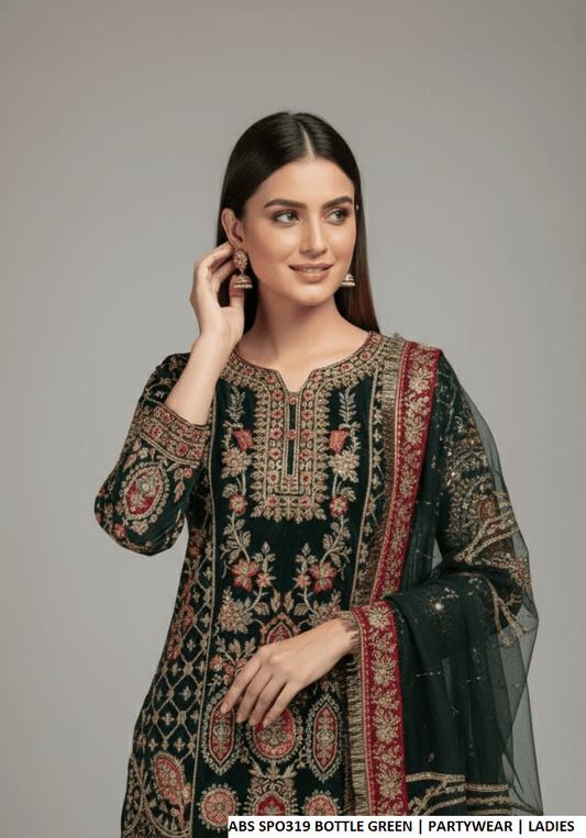 Bottle green chiffon Pakistani women's straight shirt with plazo side view