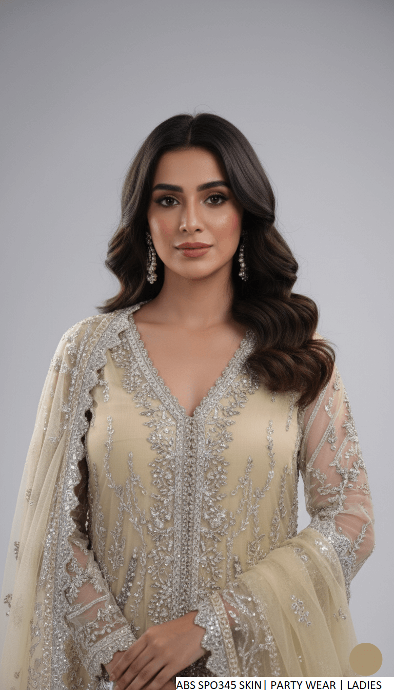 Skin organza Pakistani women's open short gown with plazo side view