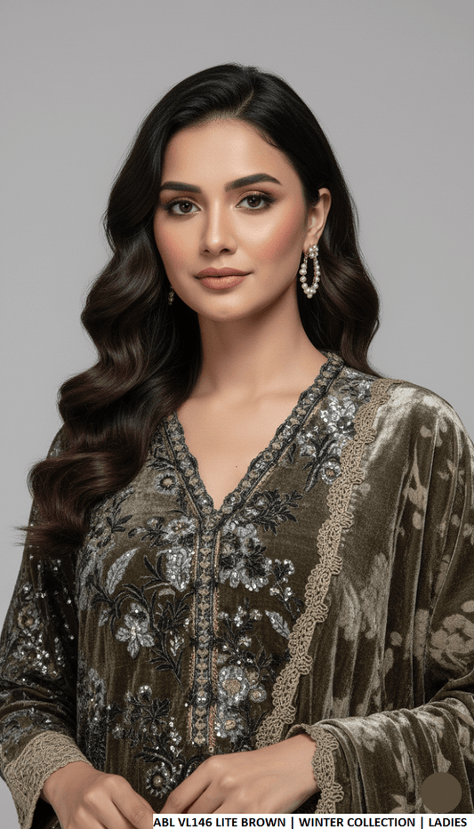 Light brown velvet Pakistani women's A-Line shirt side view