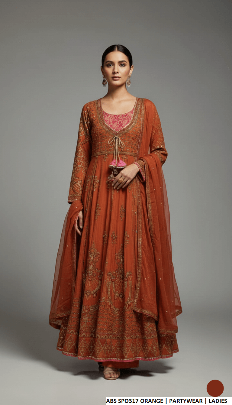 Chiffon straight shirt plazo rust - Pakistani women's party wear with grip plazo and organza dupatta front view