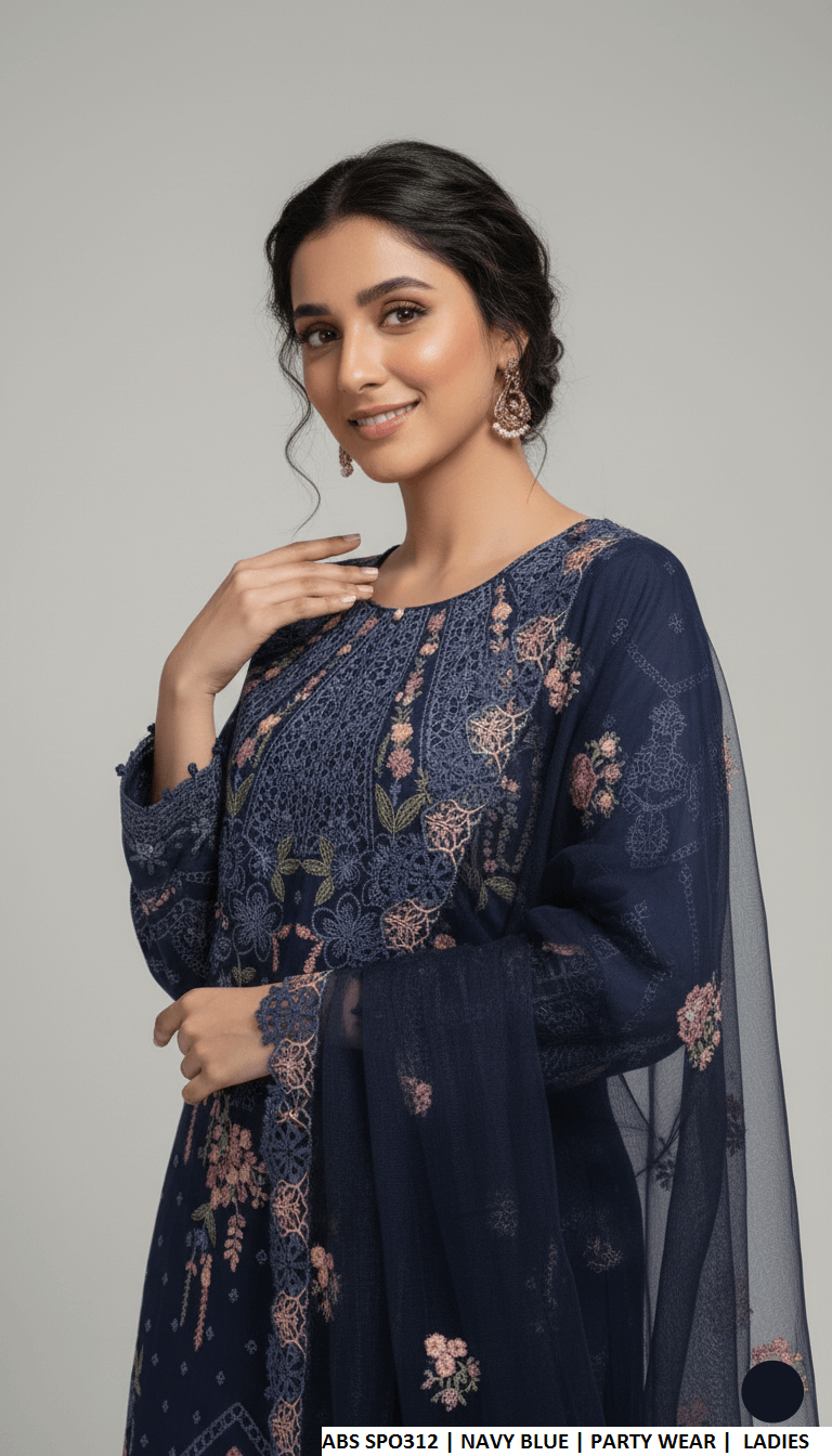 Navy blue chiffon Pakistani women's straight shirt with plazo side view