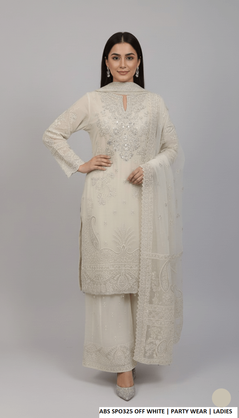 Chiffon straight shirt plazo off white - Pakistani women's party wear with grip plazo and organza dupatta front view