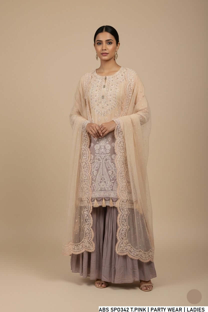 Chiffon shirt garara tea pink - Pakistani women's festive party wear with chiffon dupatta front view
