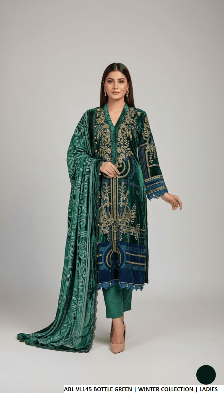 Velvet A-Line shirt bottle green - Pakistani women's winter formal wear with viscose trouser and palachi shawl front view