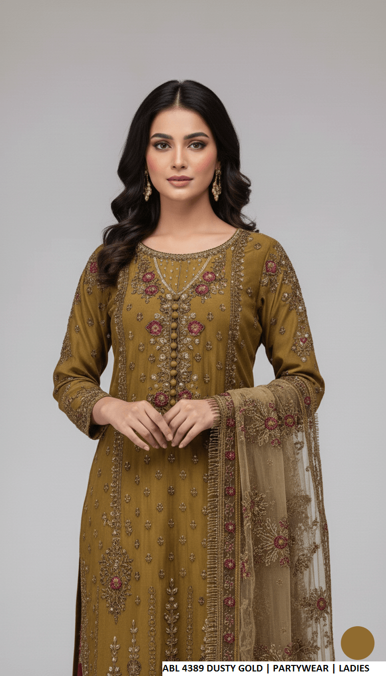 Pakistani women's dusty gold chiffon shirt plazo back view