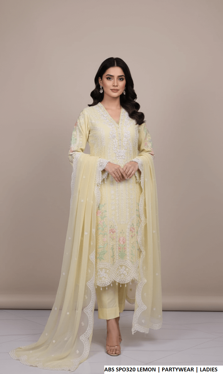 Chiffon straight shirt plazo lemon yellow - Pakistani women's party wear with grip plazo and organza dupatta front view