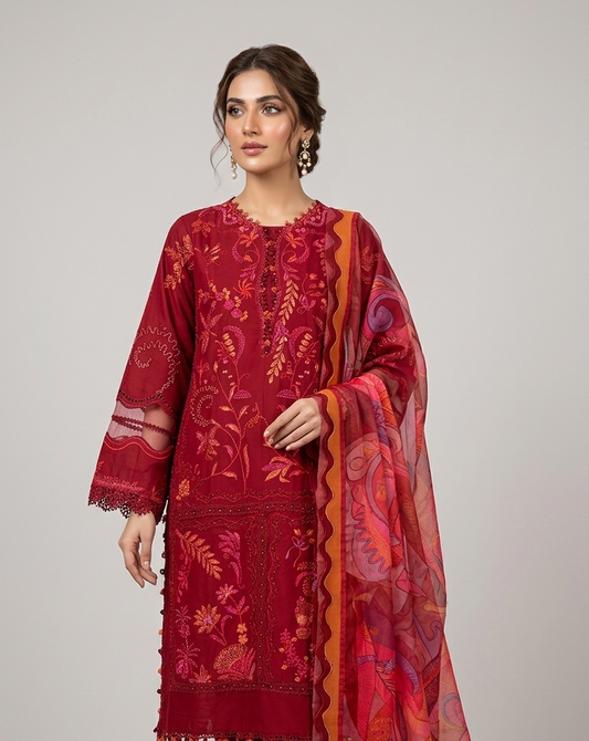 ABL 1276 MAROON - Maroon Cotton A-Line 3-Piece Women's Pakistani Suit