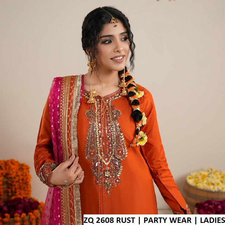 ZQ 2608 RUST - Rust Raw Silk Straight 3-Piece Women's Pakistani Suit
