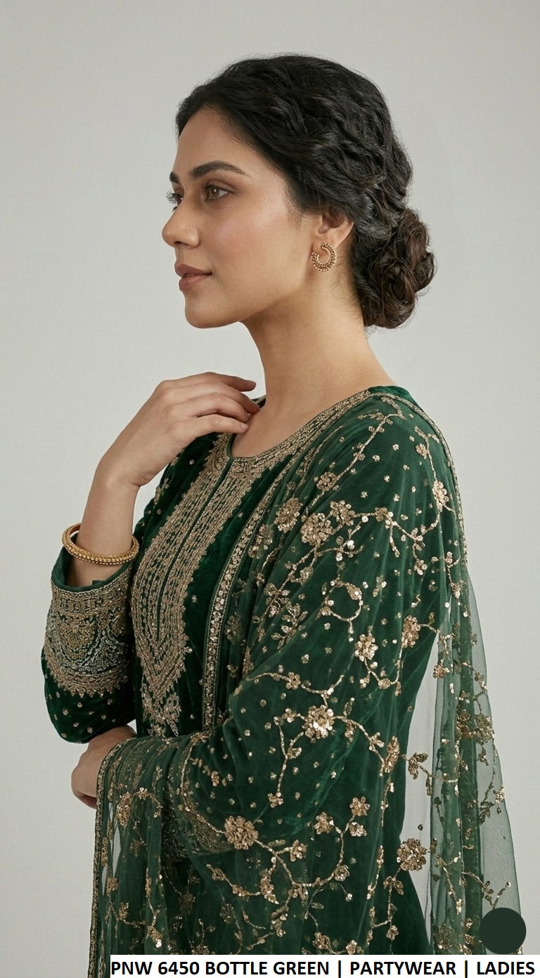 Pakistani women's bottle green chiffon straight shirt plazo detail view