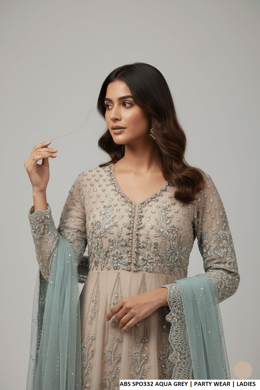 Aqua grey chiffon Pakistani women's straight shirt with plazo side view