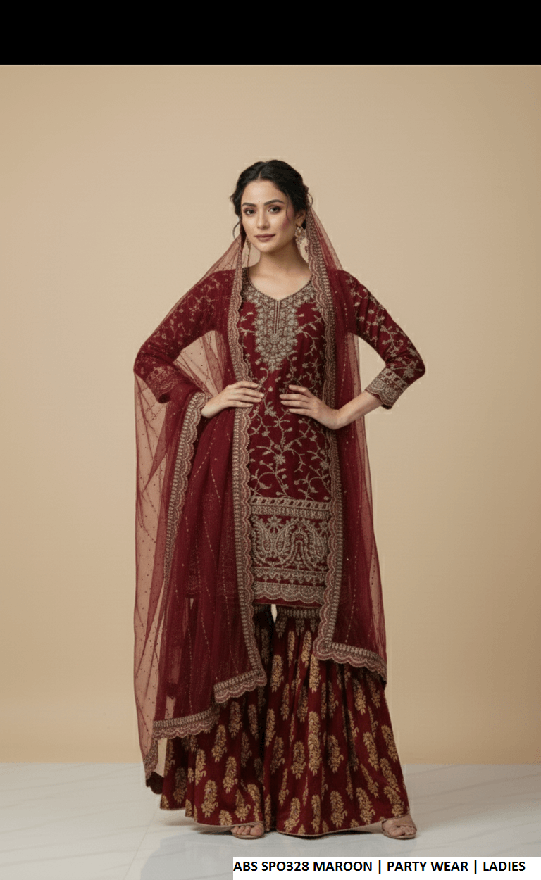 Chiffon straight shirt plazo maroon - Pakistani women's party wear with grip plazo and organza dupatta front view