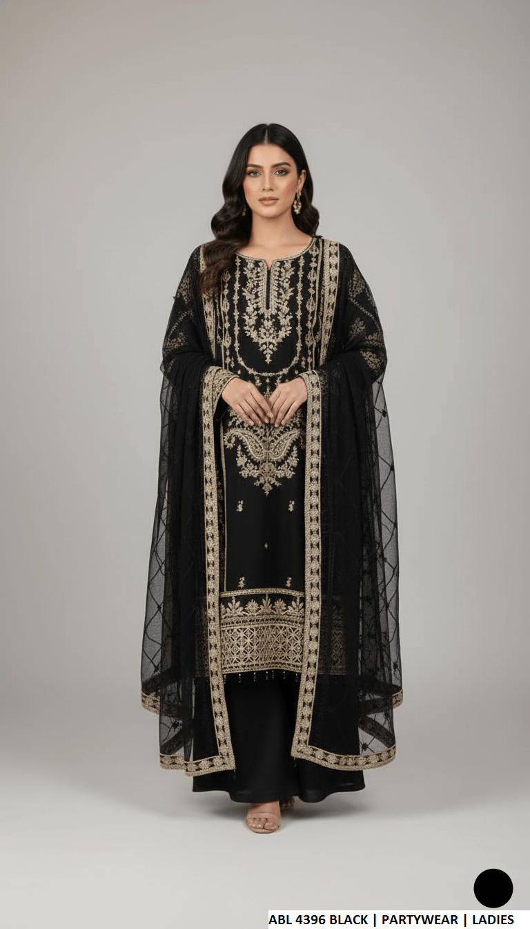 Chiffon straight shirt black - Pakistani women's elegant formal wear with viscose trouser and organza dupatta front view