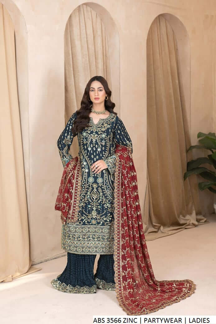 Chiffon straight shirt plazo zinc grey - Pakistani women's formal party wear with viscose plazo and chiffon dupatta front view