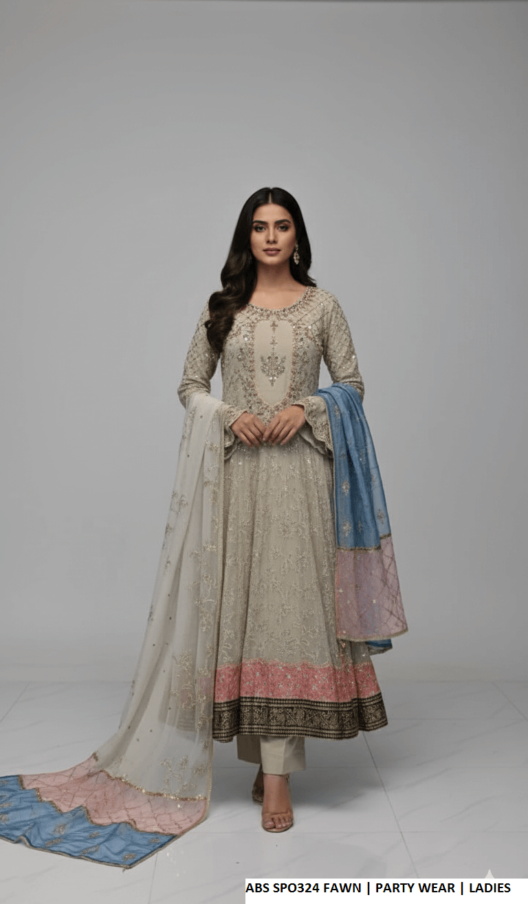 Chiffon straight shirt plazo fawn - Pakistani women's party wear with viscose plazo and organza dupatta front view