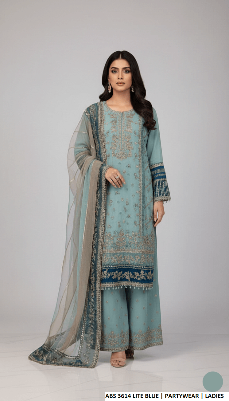 Chiffon straight shirt light blue - Pakistani women's elegant formal wear with grip trouser and chiffon dupatta front view