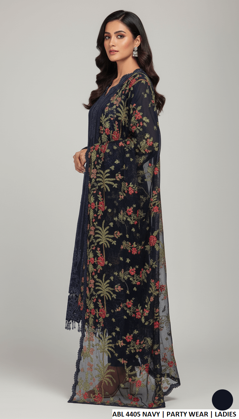Pakistani women's navy blue chiffon straight shirt back view