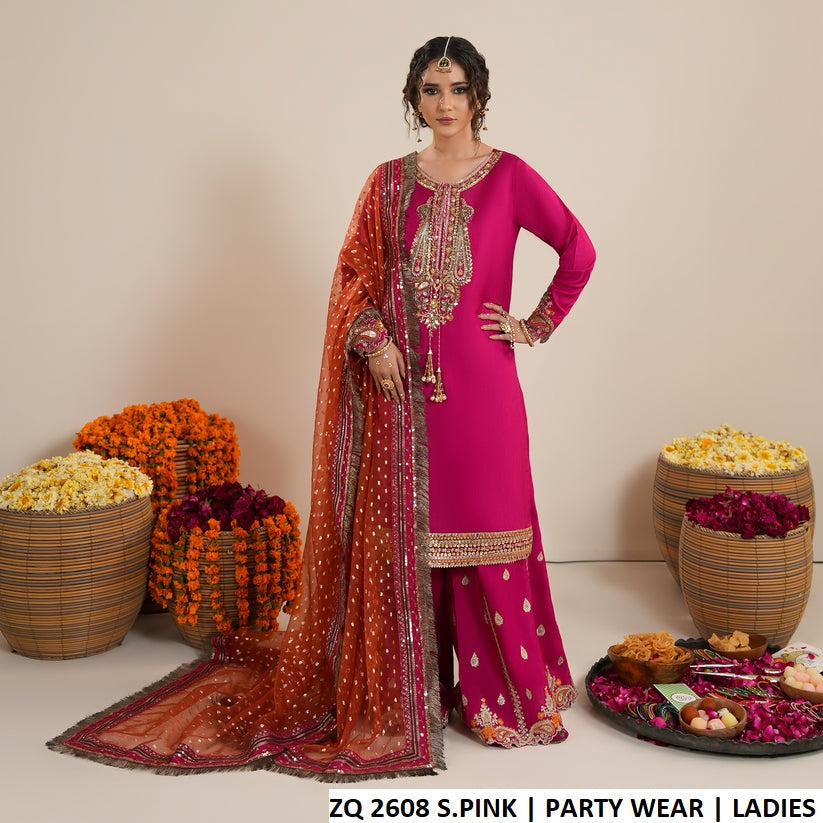 ZQ 2608 SHOCKING PINK - Shocking Pink Raw Silk 3-Piece Women's Pakistani Suit