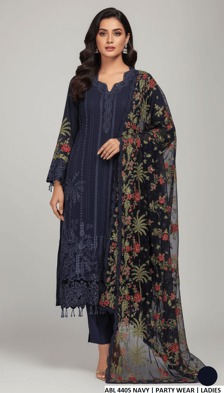 Chiffon straight shirt navy blue - Pakistani women's elegant formal wear with grip trouser and chiffon dupatta front view