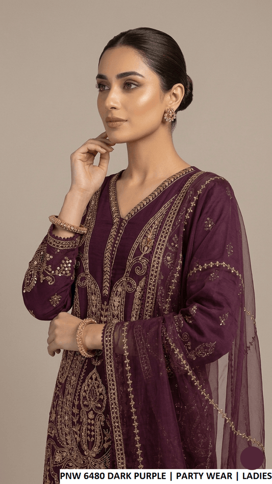 PNW 6480 DARK PURPLE chiffon Pakistani women's straight shirt with plazo side view