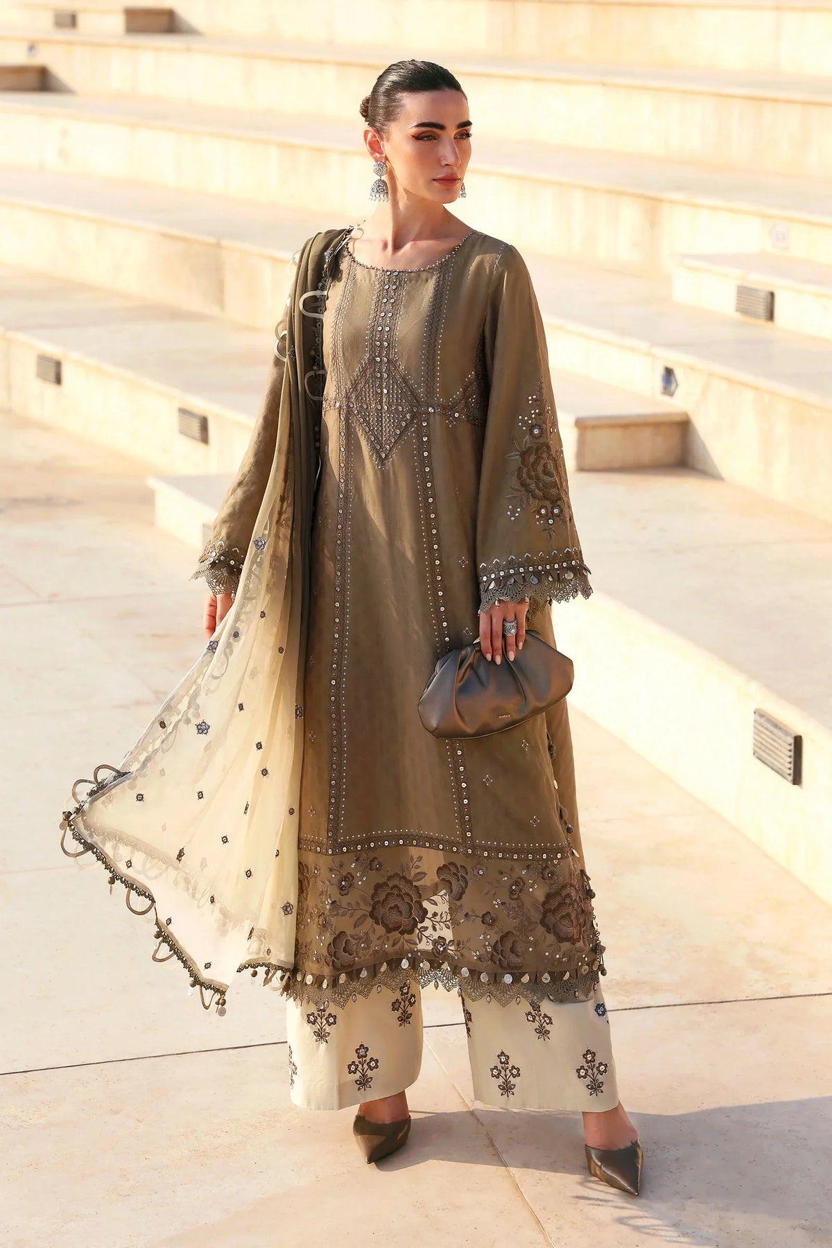 Pakistani women's mehndi green poly lawn straight shirt plazo detail view