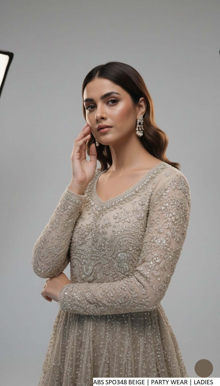 Pakistani women's beige masuri net long frock plazo back view
